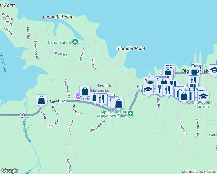 map of restaurants, bars, coffee shops, grocery stores, and more near 40225 Dream Street in Big Bear Lake
