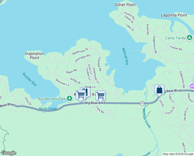 map of restaurants, bars, coffee shops, grocery stores, and more near 607 Chipmunk Lane in Big Bear Lake