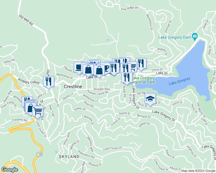 map of restaurants, bars, coffee shops, grocery stores, and more near 622 Heatherly Lane in Crestline