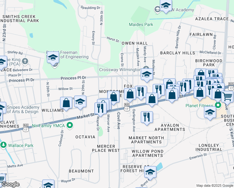 map of restaurants, bars, coffee shops, grocery stores, and more near 113 Montgomery Avenue in Wilmington