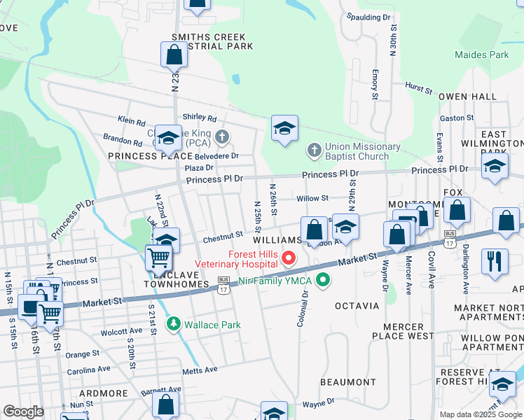 map of restaurants, bars, coffee shops, grocery stores, and more near 228 North 25th Street in Wilmington