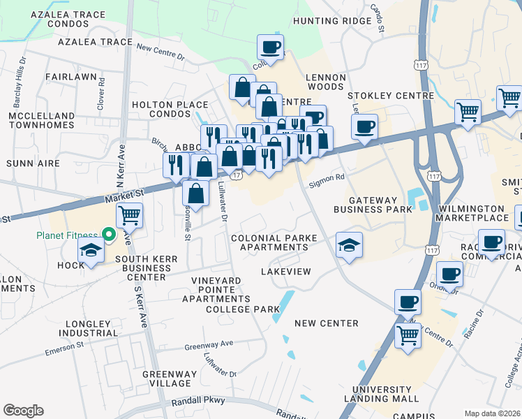 map of restaurants, bars, coffee shops, grocery stores, and more near 5126 Lamppost Circle in Wilmington