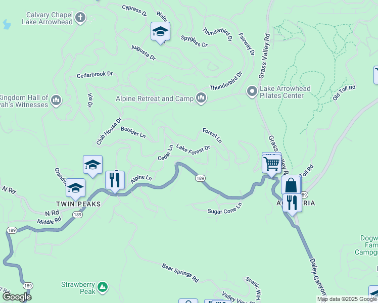 map of restaurants, bars, coffee shops, grocery stores, and more near Lake Forest Drive in Lake Arrowhead