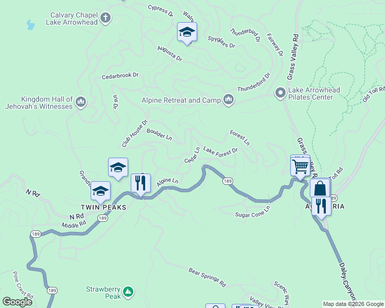 map of restaurants, bars, coffee shops, grocery stores, and more near 620 Cedar Lane in Lake Arrowhead