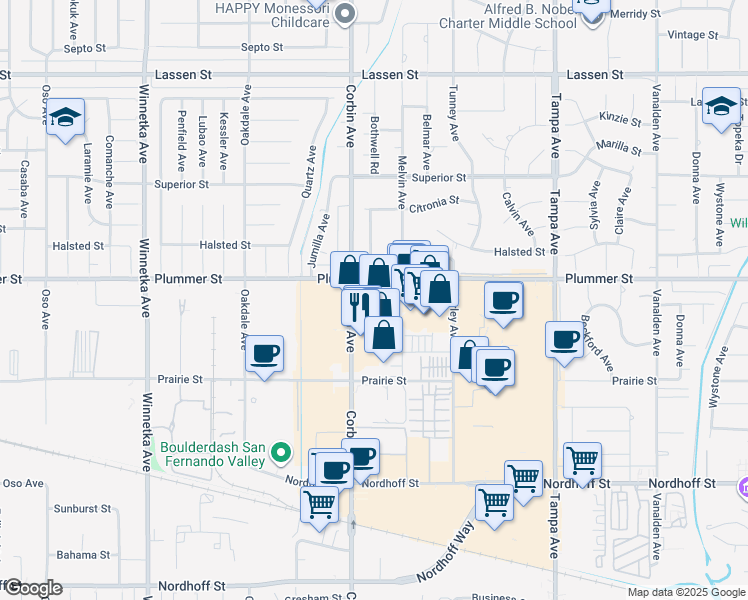map of restaurants, bars, coffee shops, grocery stores, and more near 19600 Plummer Street in Los Angeles