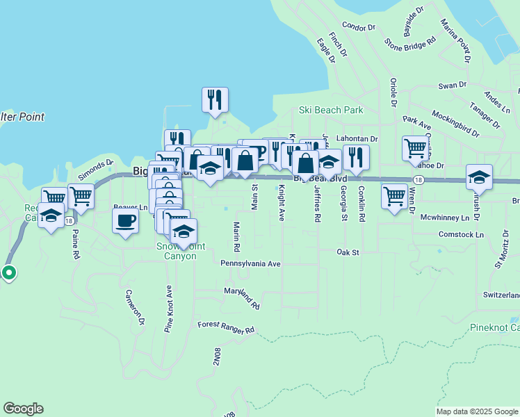 map of restaurants, bars, coffee shops, grocery stores, and more near 41121 Big Bear Boulevard in Big Bear Lake