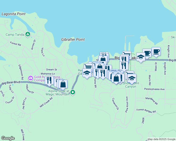 map of restaurants, bars, coffee shops, grocery stores, and more near 40717 Lakeview Drive in Big Bear Lake