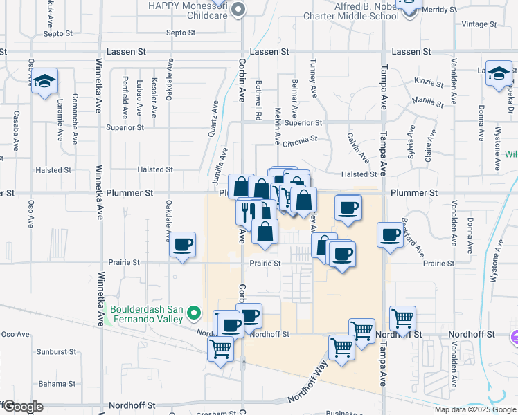 map of restaurants, bars, coffee shops, grocery stores, and more near 19600 Plummer Street in Los Angeles