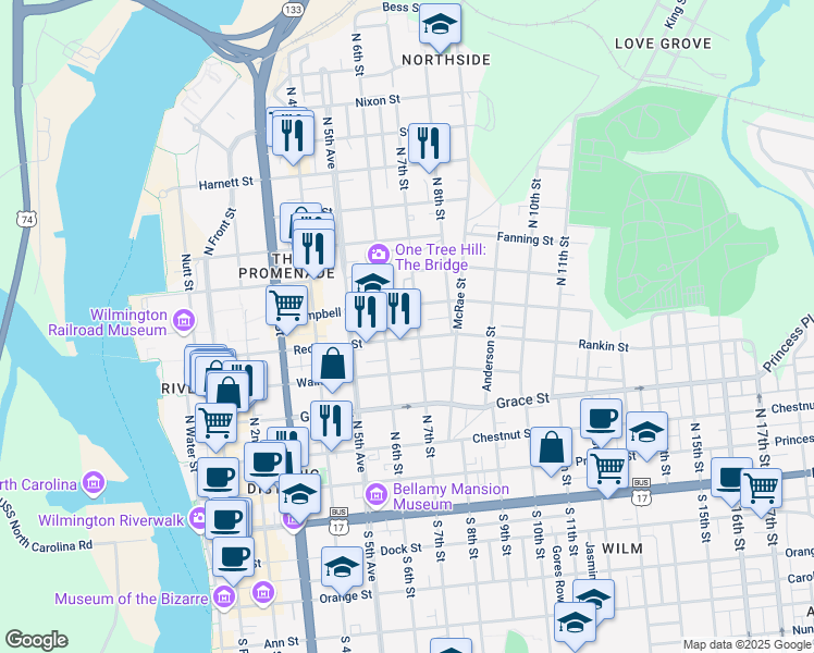 map of restaurants, bars, coffee shops, grocery stores, and more near 507 North 7th Street in Wilmington