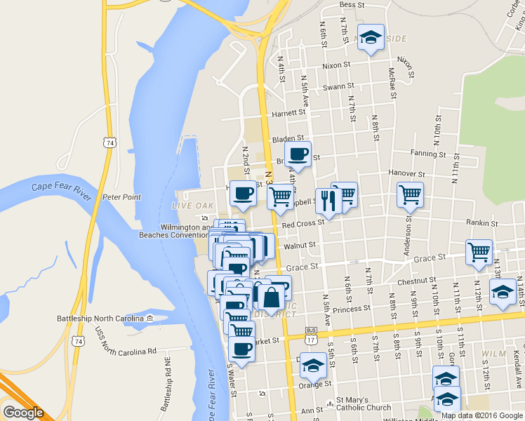 map of restaurants, bars, coffee shops, grocery stores, and more near 524 North 2nd Street in Wilmington
