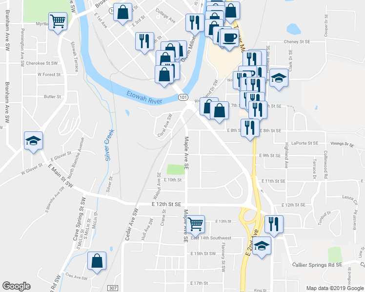 map of restaurants, bars, coffee shops, grocery stores, and more near 813 Maple Avenue Southeast in Rome