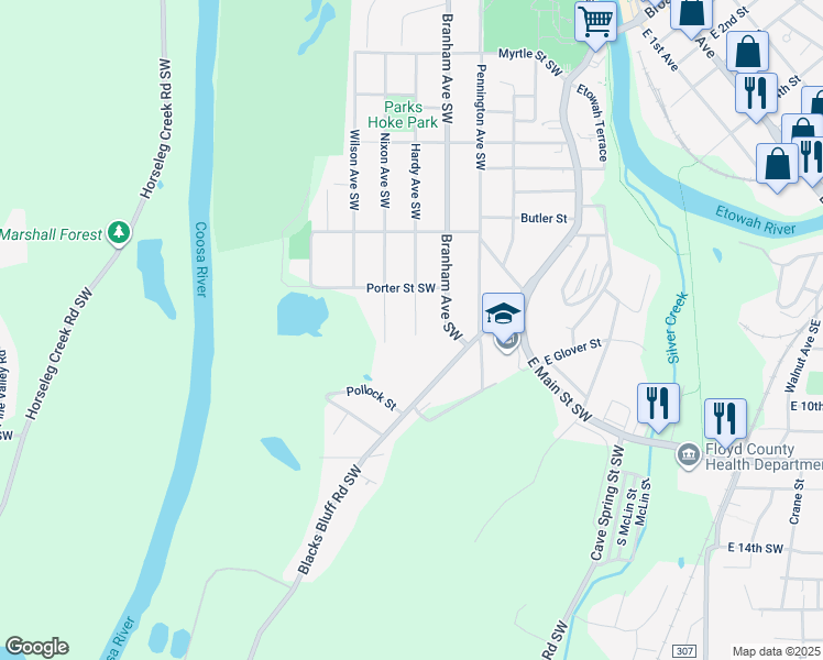 map of restaurants, bars, coffee shops, grocery stores, and more near 614 Hardy Avenue Southwest in Rome