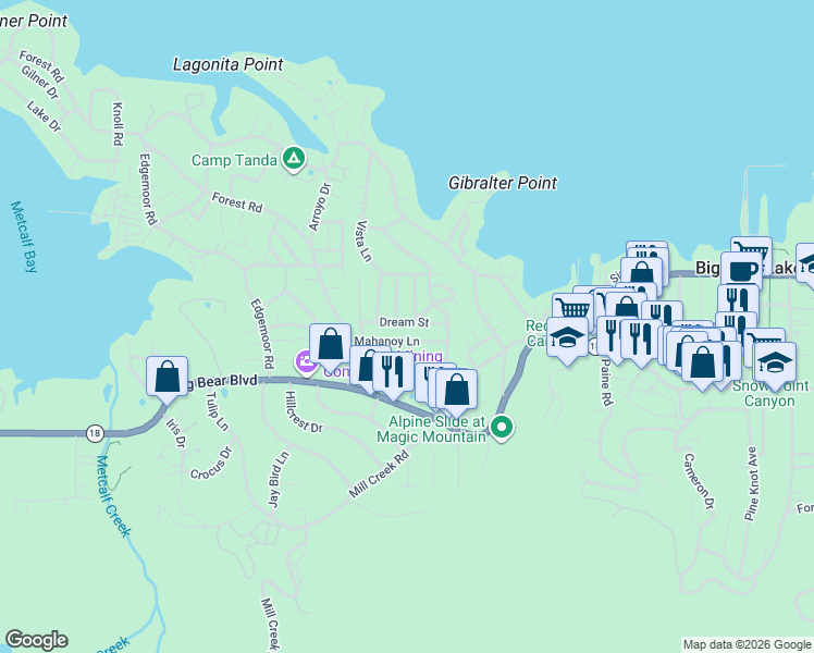map of restaurants, bars, coffee shops, grocery stores, and more near 40193 Dream Street in Big Bear Lake