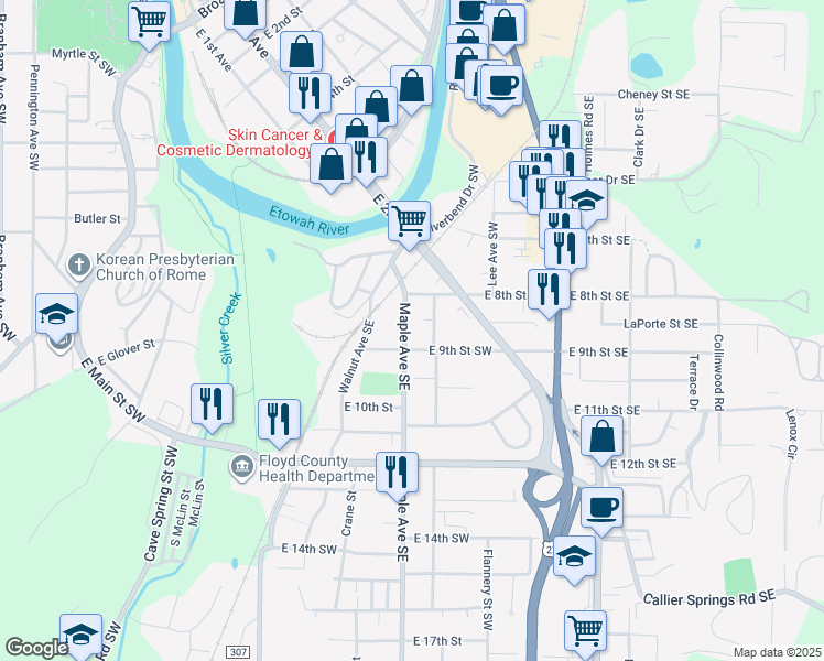 map of restaurants, bars, coffee shops, grocery stores, and more near 813 Maple Avenue Southeast in Rome