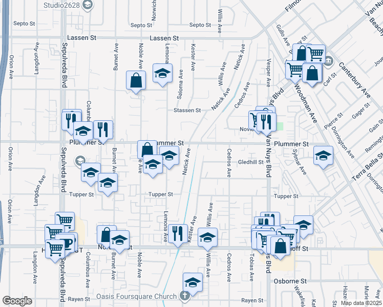 map of restaurants, bars, coffee shops, grocery stores, and more near 9442 Natick Avenue in Los Angeles