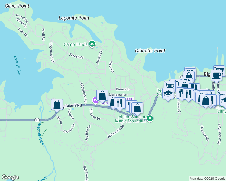 map of restaurants, bars, coffee shops, grocery stores, and more near 40131 Dream Street in Big Bear Lake