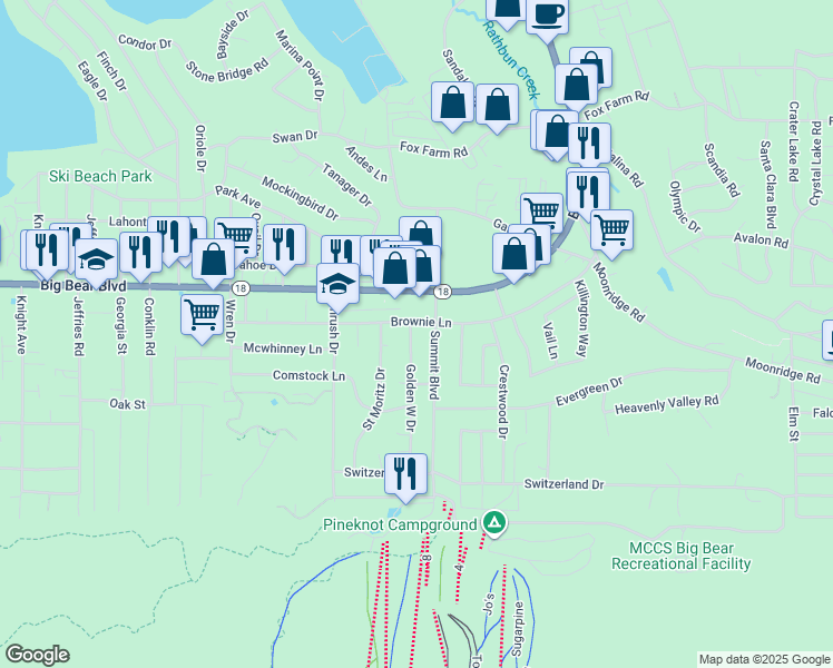map of restaurants, bars, coffee shops, grocery stores, and more near 565 Golden West Drive in Big Bear Lake