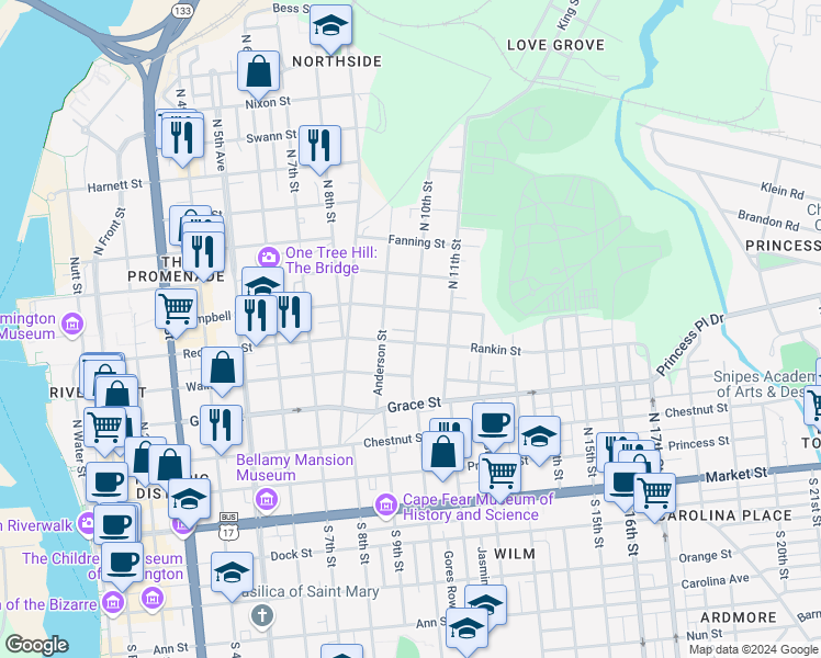 map of restaurants, bars, coffee shops, grocery stores, and more near 507 North 10th Street in Wilmington