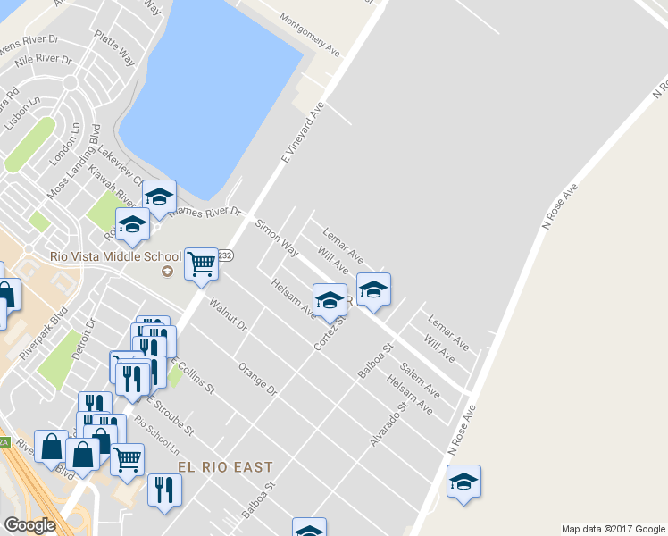 map of restaurants, bars, coffee shops, grocery stores, and more near 402 Will Avenue in Oxnard