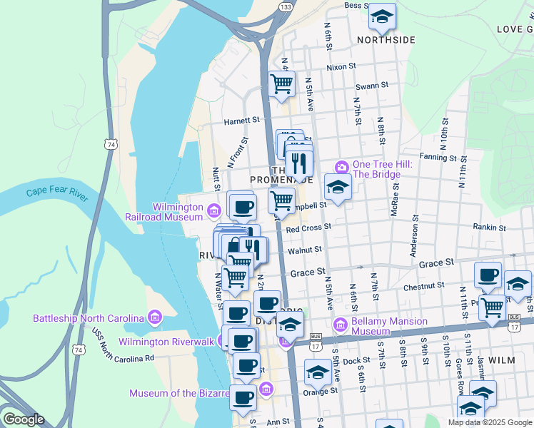 map of restaurants, bars, coffee shops, grocery stores, and more near 524 North 2nd Street in Wilmington
