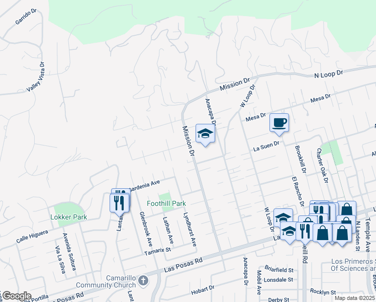 map of restaurants, bars, coffee shops, grocery stores, and more near 529 Mission Drive in Camarillo