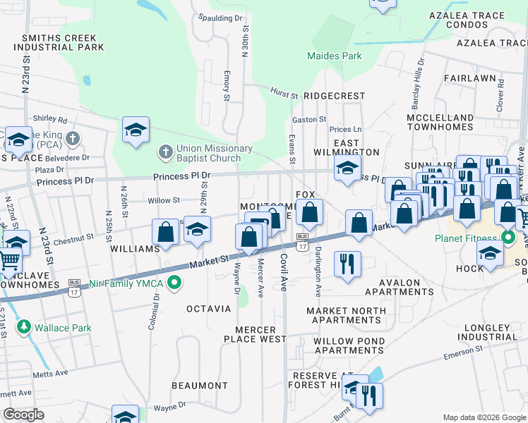 map of restaurants, bars, coffee shops, grocery stores, and more near 113 North 31st Street in Wilmington