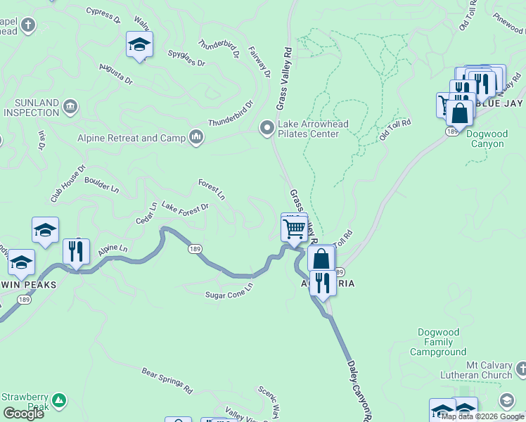 map of restaurants, bars, coffee shops, grocery stores, and more near 26645 Lake Forest Drive in Twin Peaks