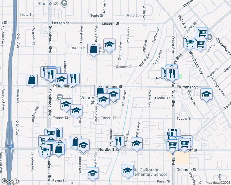 map of restaurants, bars, coffee shops, grocery stores, and more near 9447 Hendrix Lane in Los Angeles