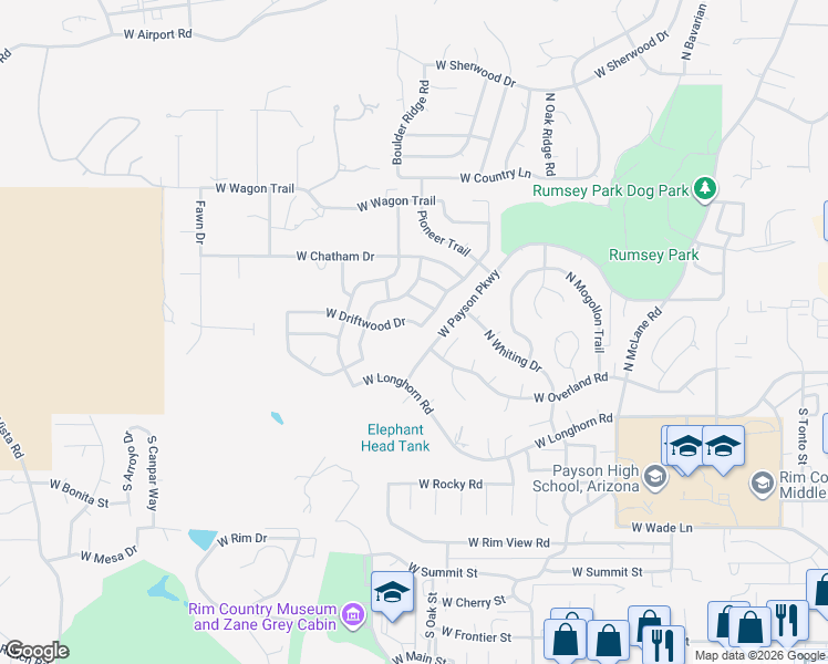 map of restaurants, bars, coffee shops, grocery stores, and more near 903 West Driftwood Drive in Payson
