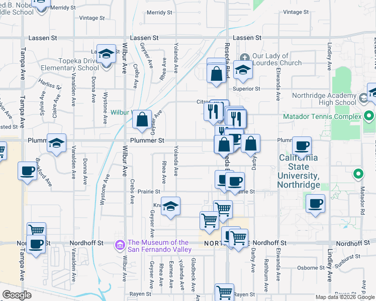 map of restaurants, bars, coffee shops, grocery stores, and more near 18633 Gledhill Street in Los Angeles