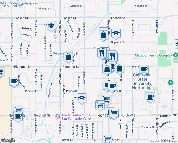 map of restaurants, bars, coffee shops, grocery stores, and more near 18639 Gledhill Street in Los Angeles