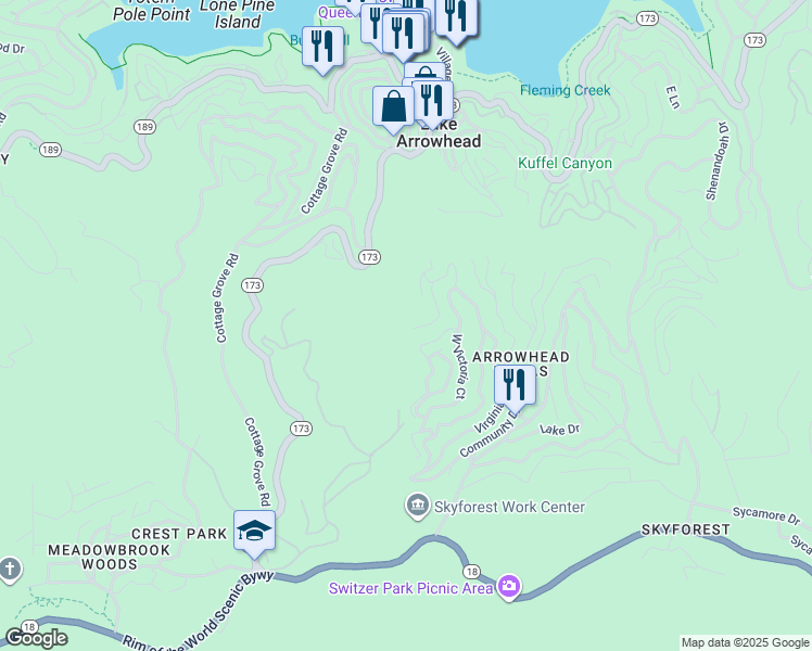map of restaurants, bars, coffee shops, grocery stores, and more near 499 West Victoria Court in Lake Arrowhead