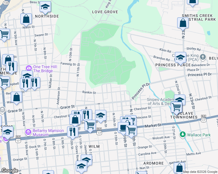 map of restaurants, bars, coffee shops, grocery stores, and more near 409 North 15th Street in Wilmington