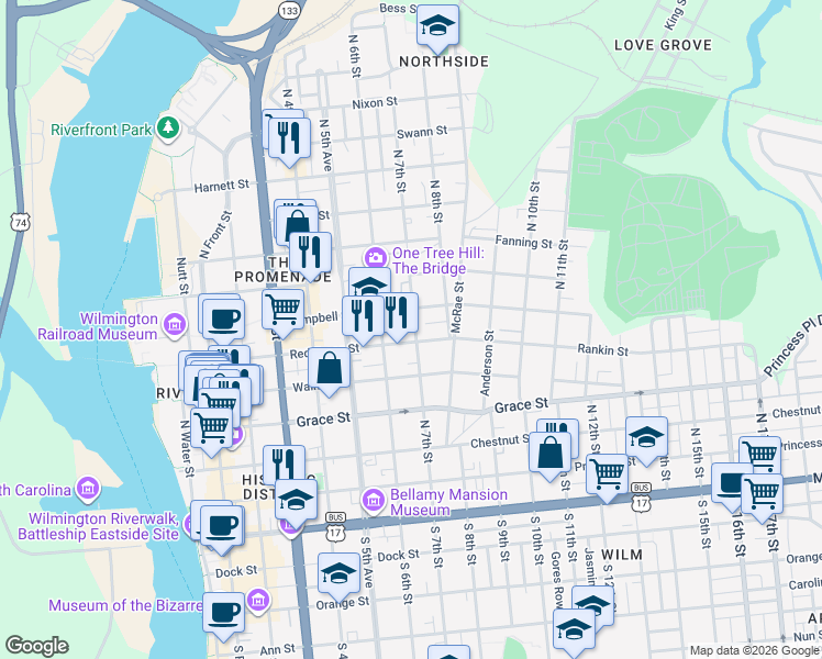 map of restaurants, bars, coffee shops, grocery stores, and more near 507 North 7th Street in Wilmington