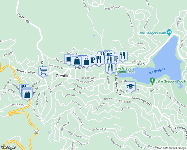 map of restaurants, bars, coffee shops, grocery stores, and more near 622 Heatherly Lane in Crestline