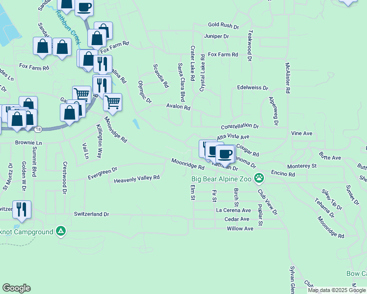 map of restaurants, bars, coffee shops, grocery stores, and more near 42493 Catalina Road in Big Bear Lake