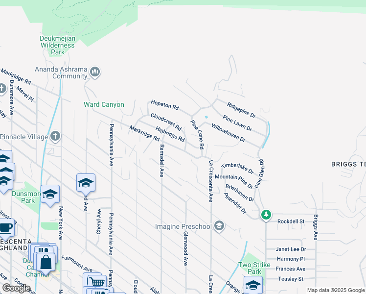 map of restaurants, bars, coffee shops, grocery stores, and more near 2905 Markridge Road in La Crescenta-Montrose