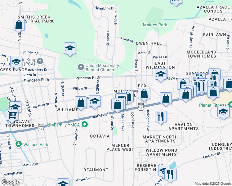 map of restaurants, bars, coffee shops, grocery stores, and more near 204 N 30th St in Wilmington