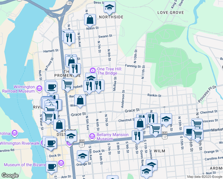 map of restaurants, bars, coffee shops, grocery stores, and more near 505 North 8th Street in Wilmington