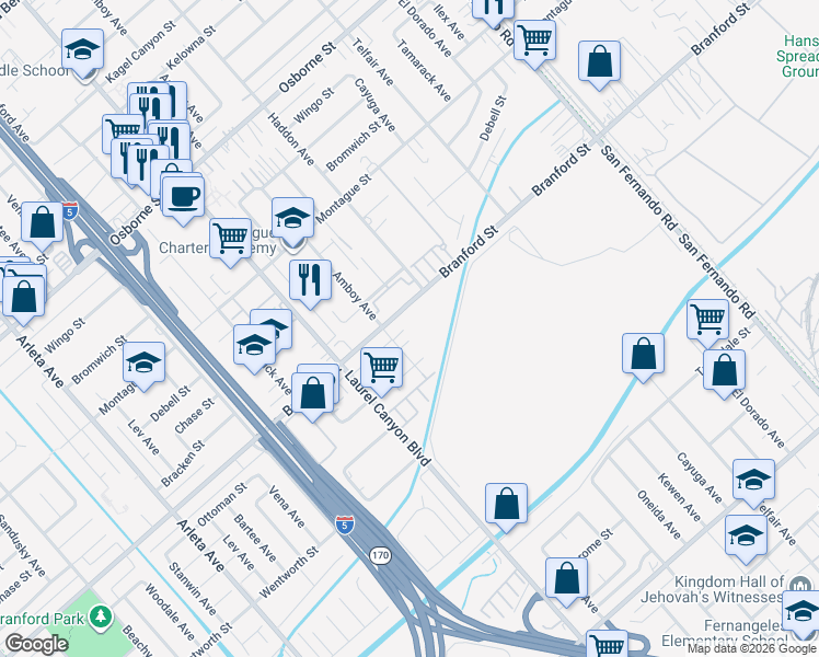 map of restaurants, bars, coffee shops, grocery stores, and more near 12734 Branford Street in Los Angeles