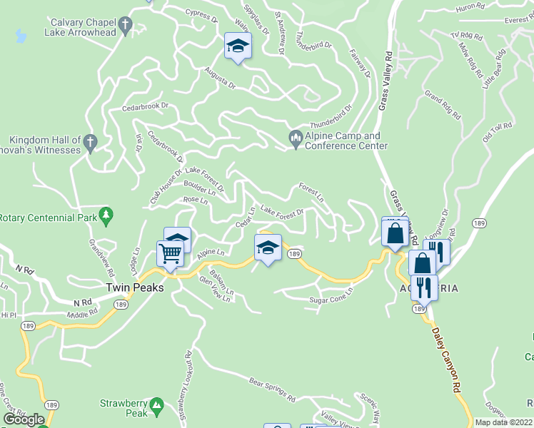 map of restaurants, bars, coffee shops, grocery stores, and more near 26387 Lake Forest Drive in Twin Peaks