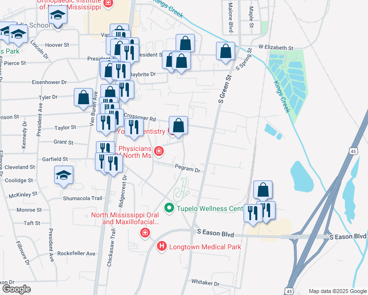 map of restaurants, bars, coffee shops, grocery stores, and more near 860 South Madison Street in Tupelo