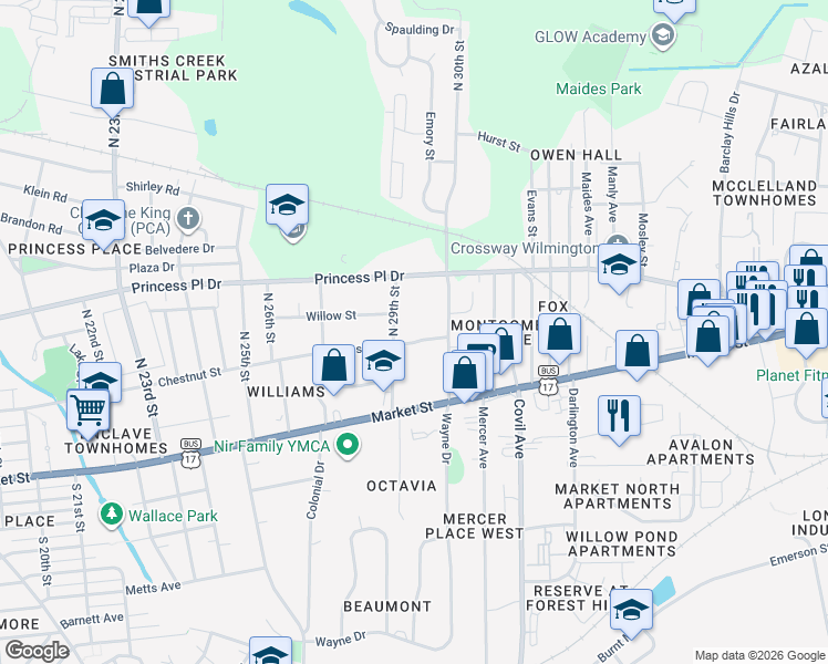 map of restaurants, bars, coffee shops, grocery stores, and more near 2911 Chestnut Street in Wilmington
