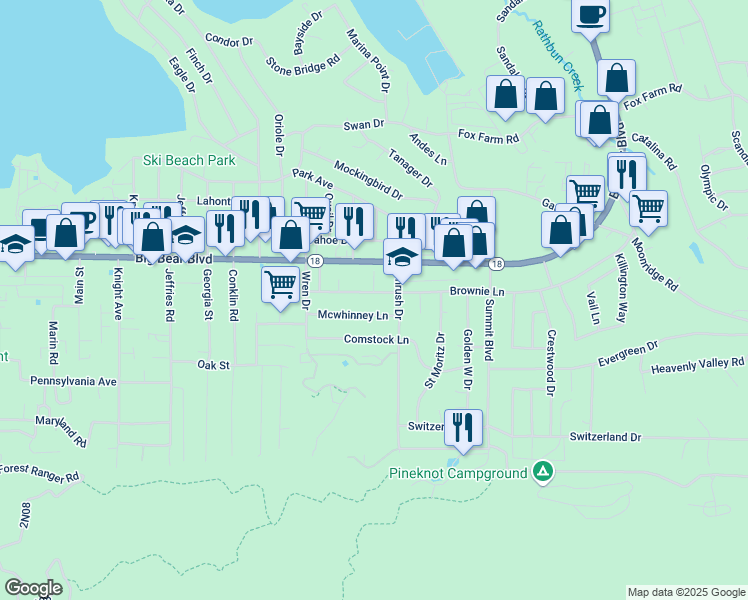 map of restaurants, bars, coffee shops, grocery stores, and more near 41647 Brownie Lane in Big Bear Lake