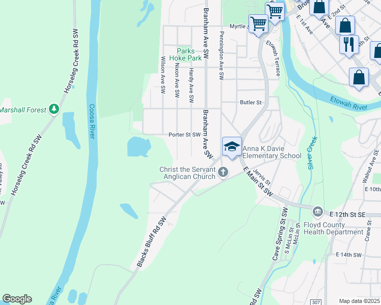map of restaurants, bars, coffee shops, grocery stores, and more near 610 Hardy Avenue Southwest in Rome