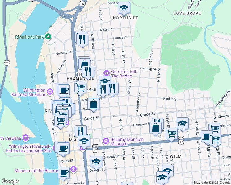 map of restaurants, bars, coffee shops, grocery stores, and more near 509 North 7th Street in Wilmington