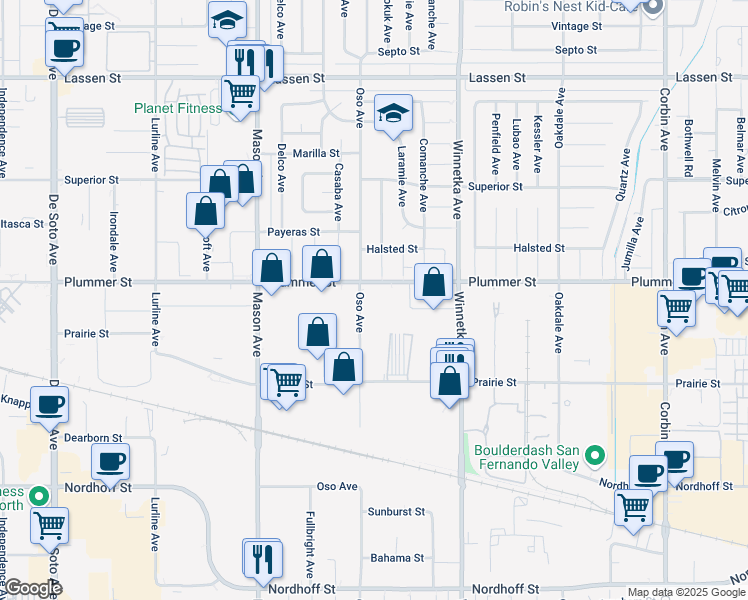 map of restaurants, bars, coffee shops, grocery stores, and more near 20250 Plummer Street in Los Angeles