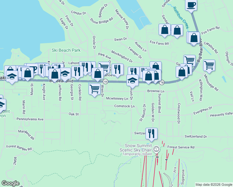 map of restaurants, bars, coffee shops, grocery stores, and more near 41571 Brownie Lane in Big Bear Lake