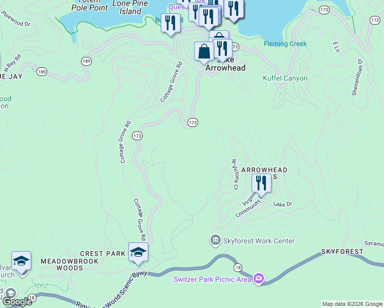 map of restaurants, bars, coffee shops, grocery stores, and more near 341 California 173 in Lake Arrowhead