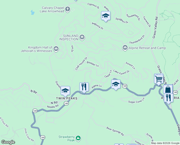 map of restaurants, bars, coffee shops, grocery stores, and more near 622 Club House Drive in Twin Peaks